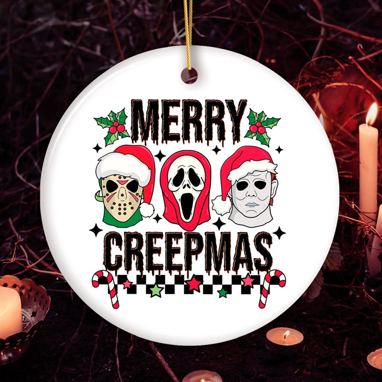 Merry Creepmas Horror Villain Theme Christmas Ornament, Creepy and Spooky Holiday Decor for Xmas Tree
